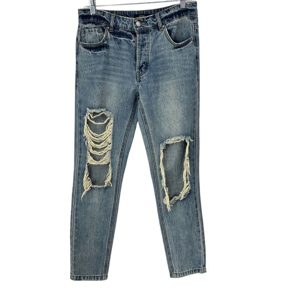 AFRM Revolve Boyfriend Destroyed High Rise Button Fly Blue Ripped Jeans Size 26 - Picture 1 of 11